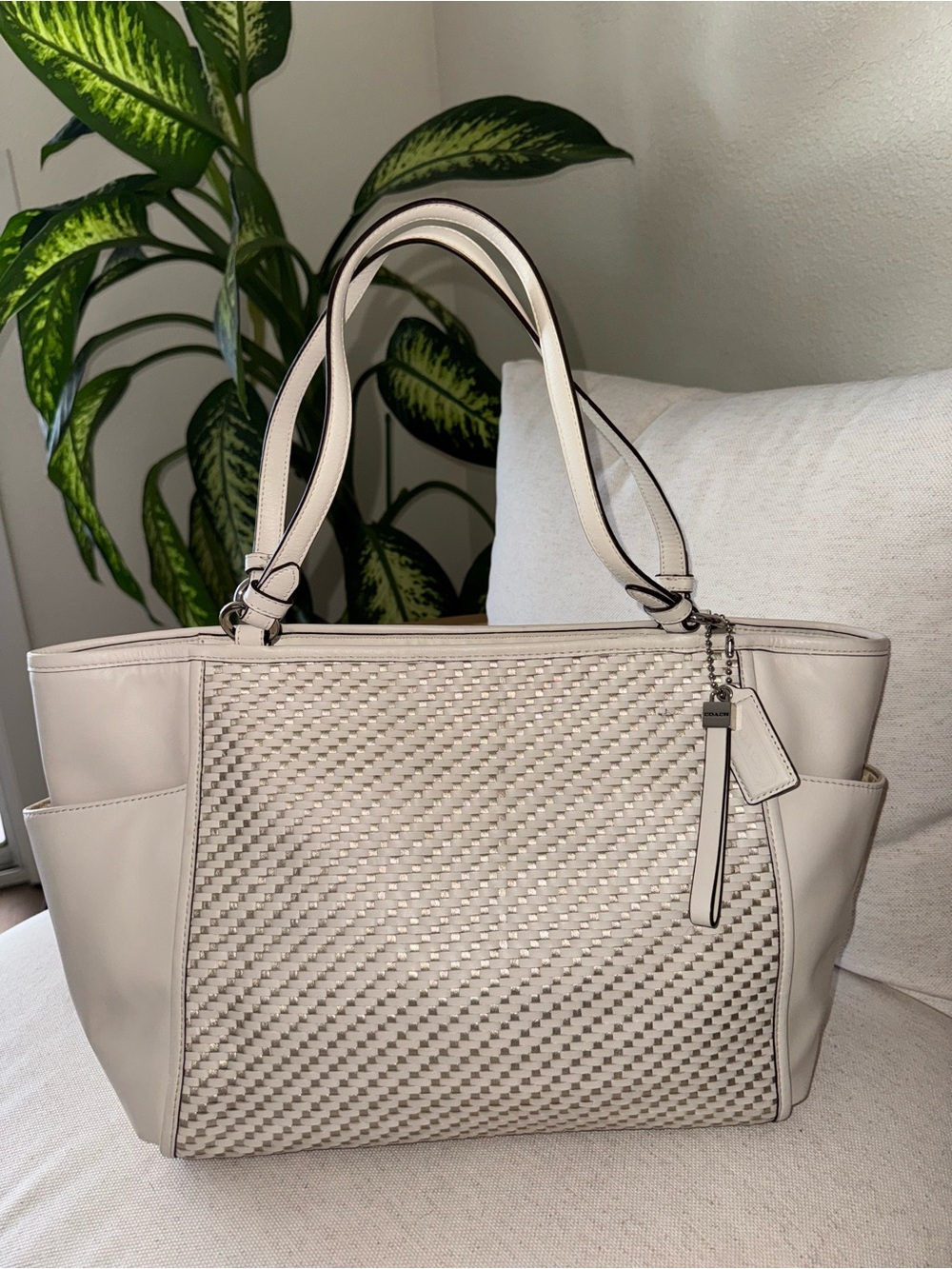 Coach Park Woven Cream Silver Leather Basket  Tote Shoulder HandBag Purse F31285